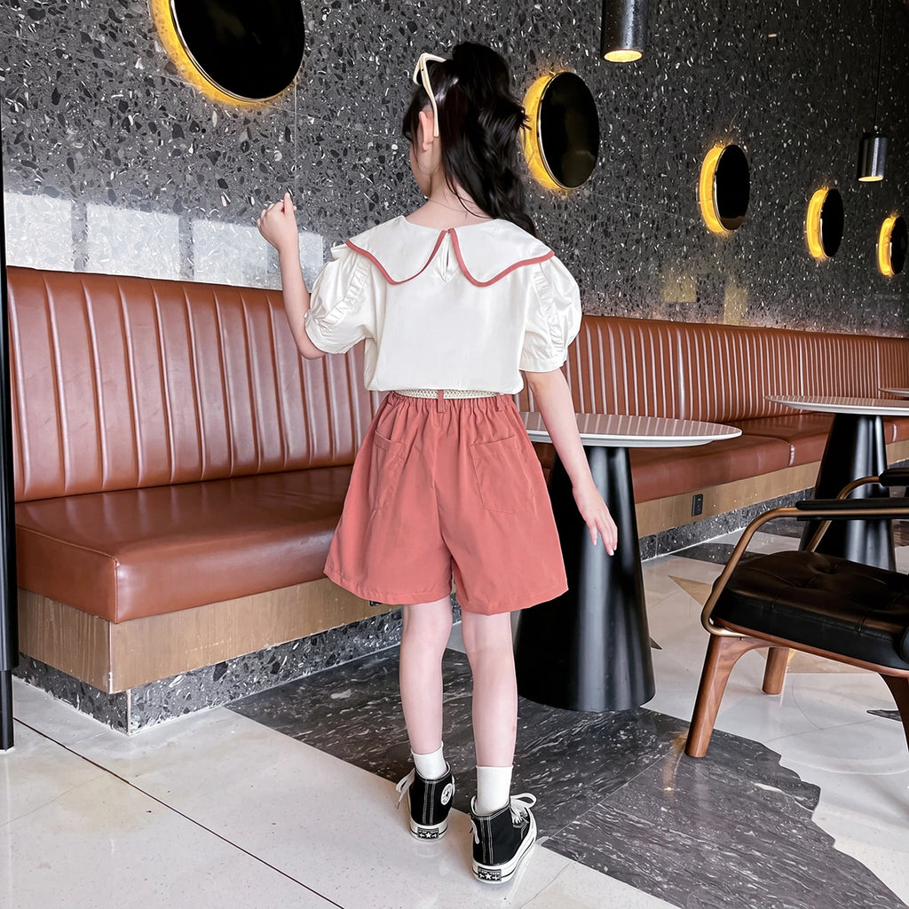 Girls Off White Puff Sleeve Peter Pan Collar Top With Elasticated Shorts Sets 2 pc. Sets