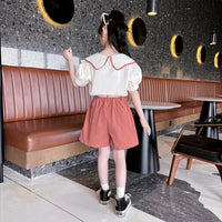 Girls Off White Puff Sleeve Peter Pan Collar Top With Elasticated Shorts Sets 2 pc. Sets