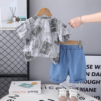 Boys Grey Distressed Printed Short Sleeves T-Shirt With Denim Short Set 2 pc. Sets