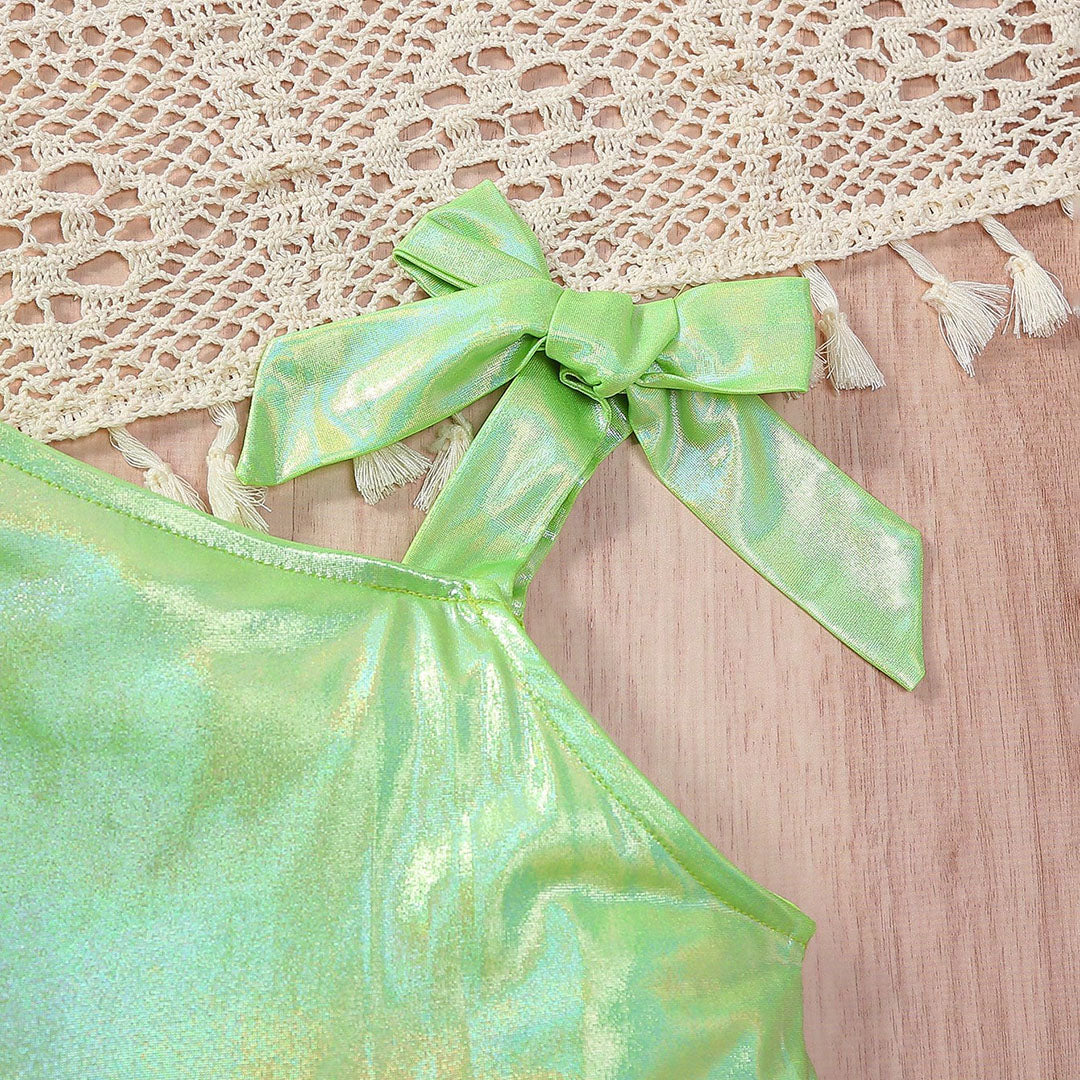 Girls Green Holographic One-Shoulder Crop Top with Shorts Set Sets