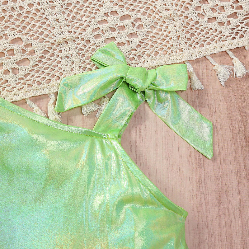 Girls Green Holographic One-Shoulder Crop Top with Shorts Set Sets