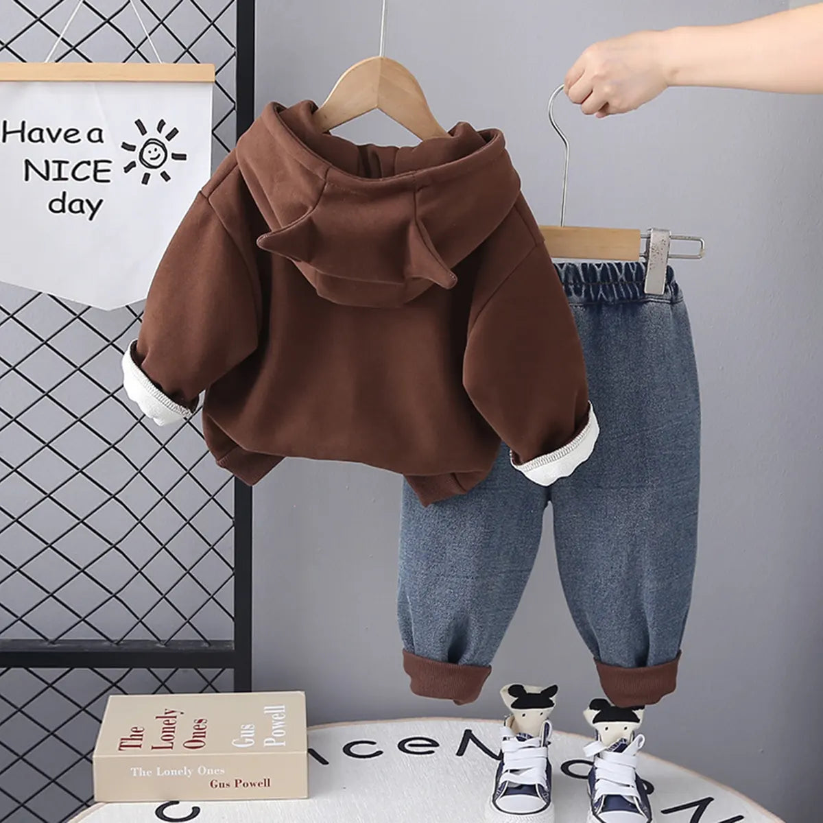 Boys Brown Long Sleeve Hooded Sweatshirt With Elasticated Jeans Set Sets