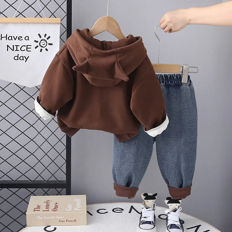 Boys Brown Long Sleeve Hooded Sweatshirt With Elasticated Jeans Set Sets