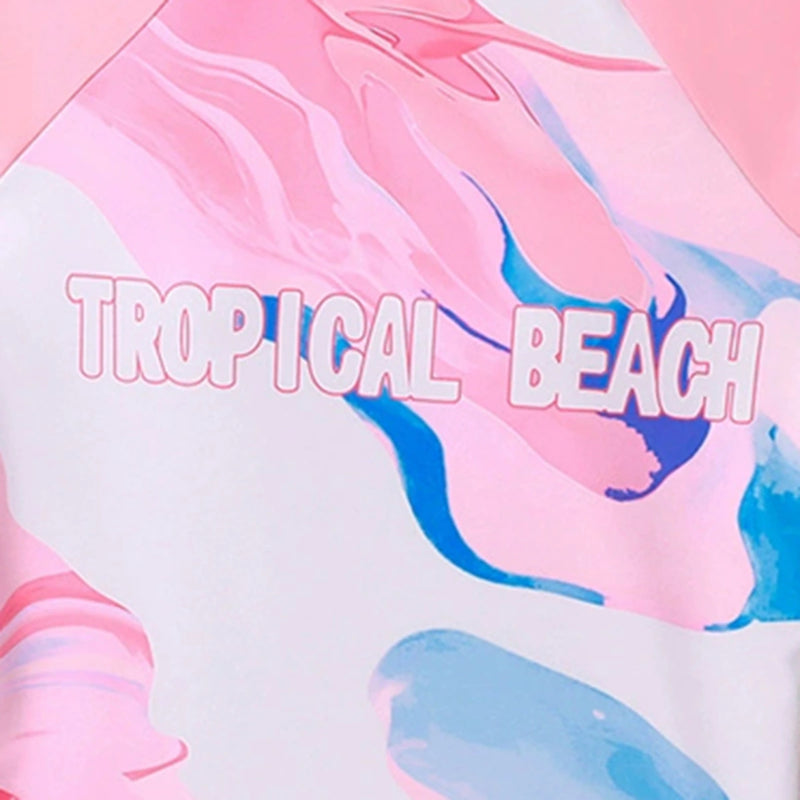 Girls Pink Typographic Printed Top With Skirts Swimwear Sets Sets