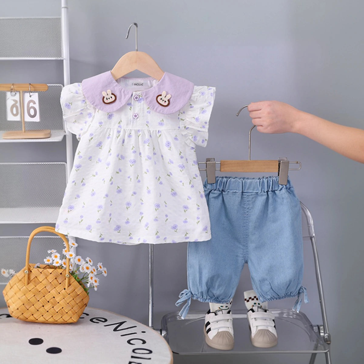 Girls Purple Floral Print Bunny Applique Top With Denim Shorts Set Sets Purple 1-2 Y