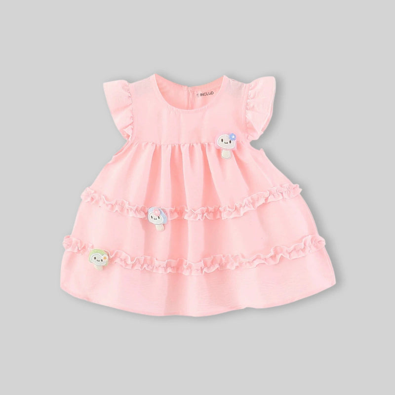 Girls Pink Mushroom Applique Fit and Flare Dress Casual Dresses