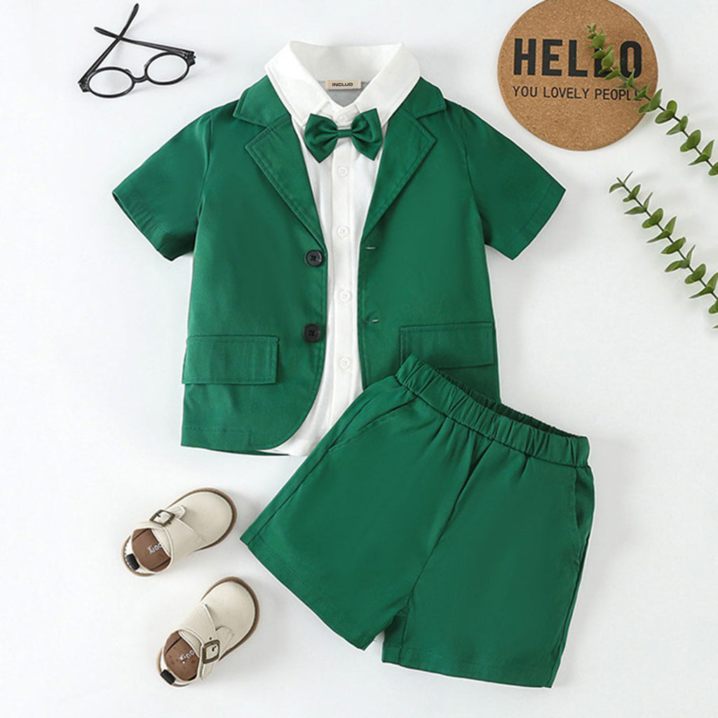 Boys Green Short Sleeve Coat With Shirt & Shorts Set 3 pc. Sets Green 1-2 Y