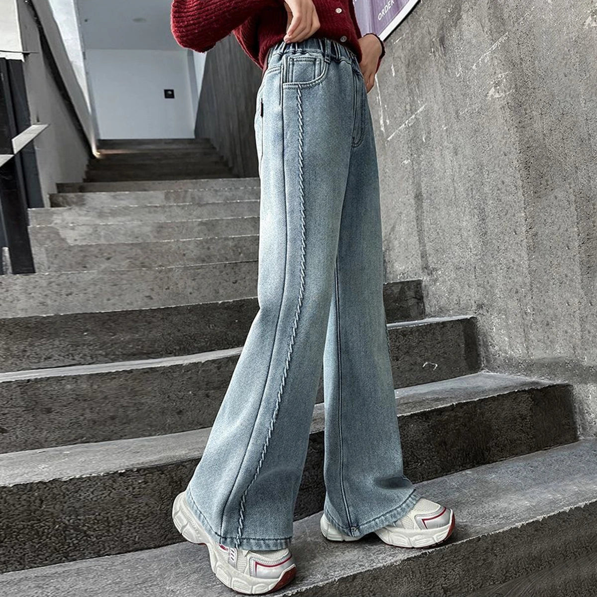 Girls Light Blue Braided Front Seam Relaxed Fit Denim Jeans Pants