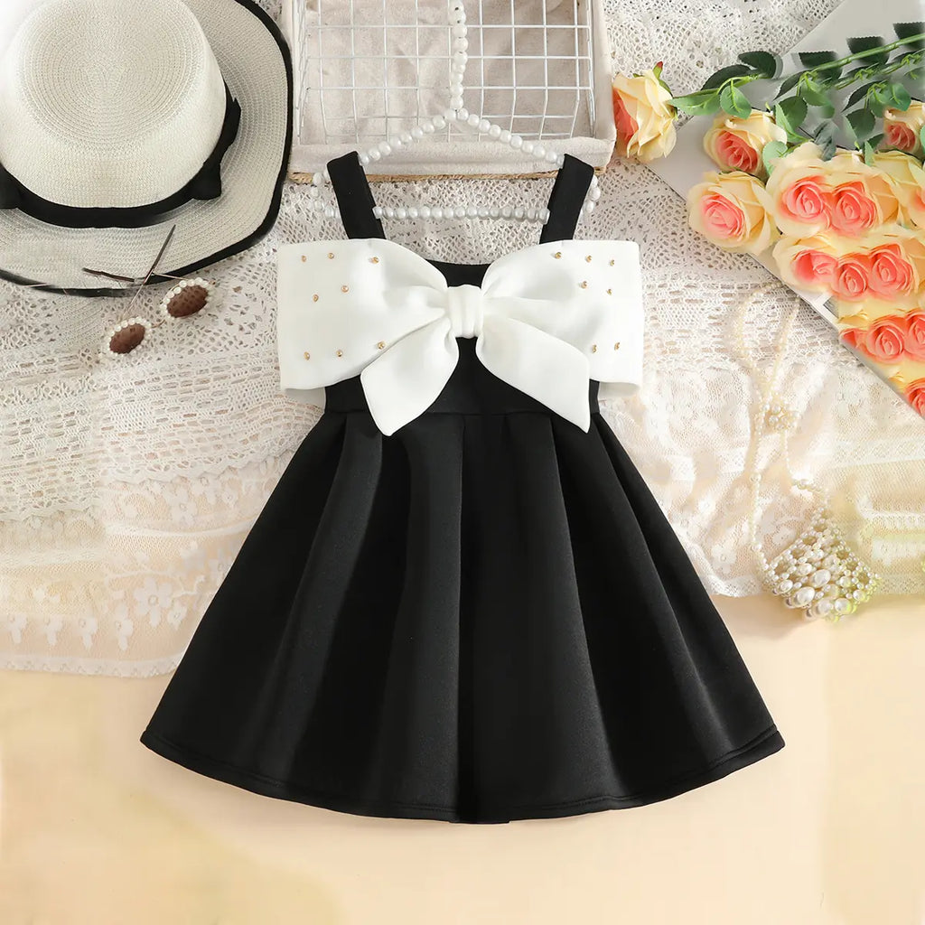 Girls Black Sleeveless Fit & Flare Party Wear Dress With Elegant Bow Detail Party Dresses