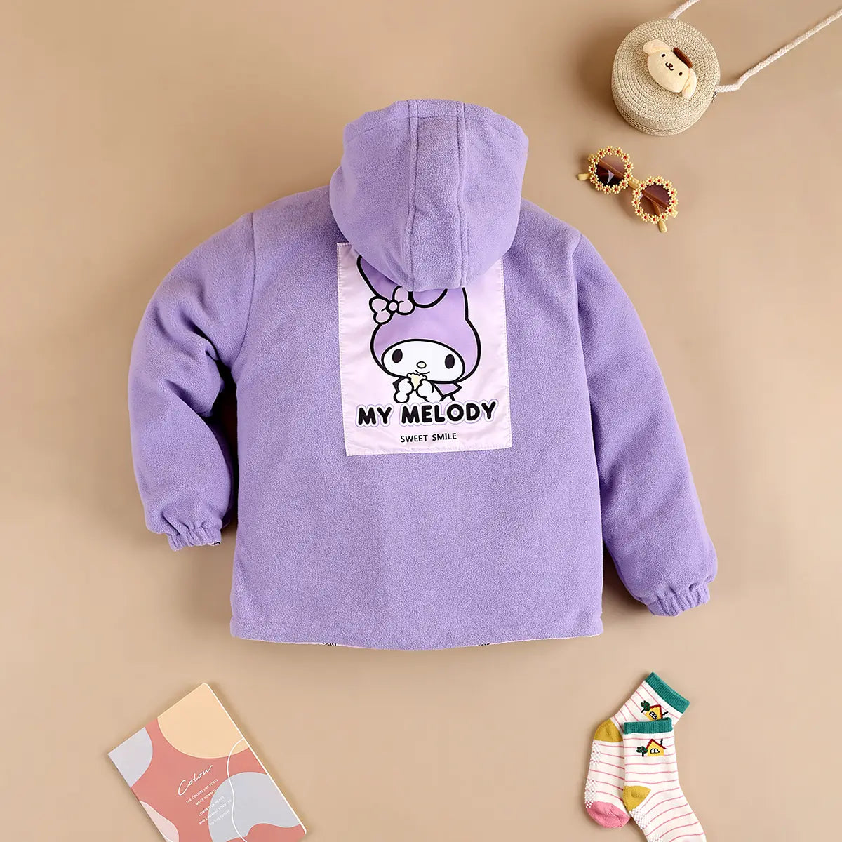 Girls Purple Typographic Printed Reversible Hooded Zipper Jacket Coats & Jackets