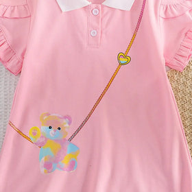 Girls Pink Graphics Short Sleeves T-Shirt Dress With Polo Collar Casual Dresses