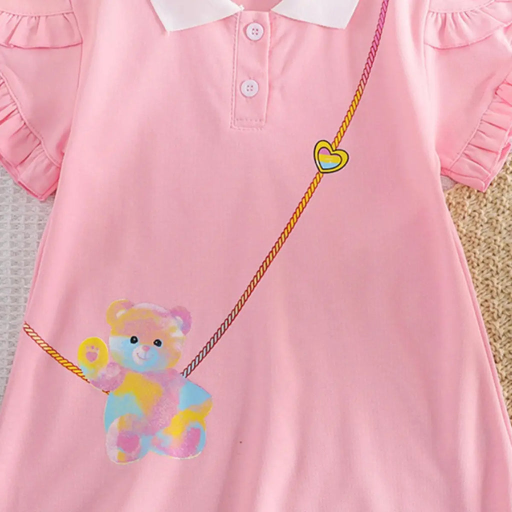 Girls Pink Graphics Short Sleeves T-Shirt Dress With Polo Collar Casual Dresses