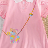 Girls Pink Graphics Short Sleeves T-Shirt Dress With Polo Collar Casual Dresses
