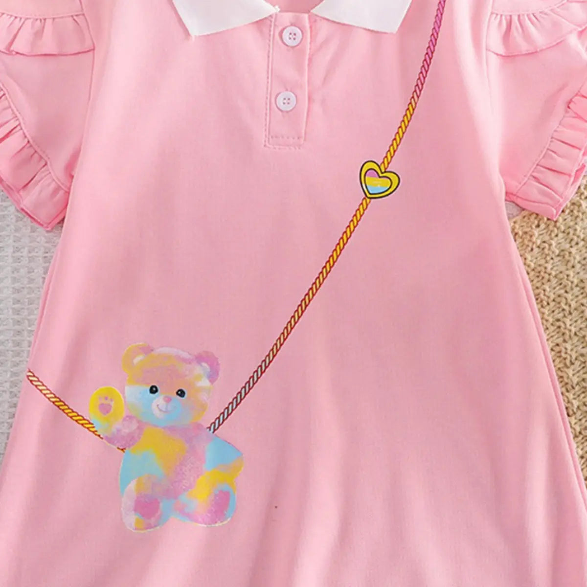 Girls Pink Graphics Short Sleeves T-Shirt Dress With Polo Collar Casual Dresses