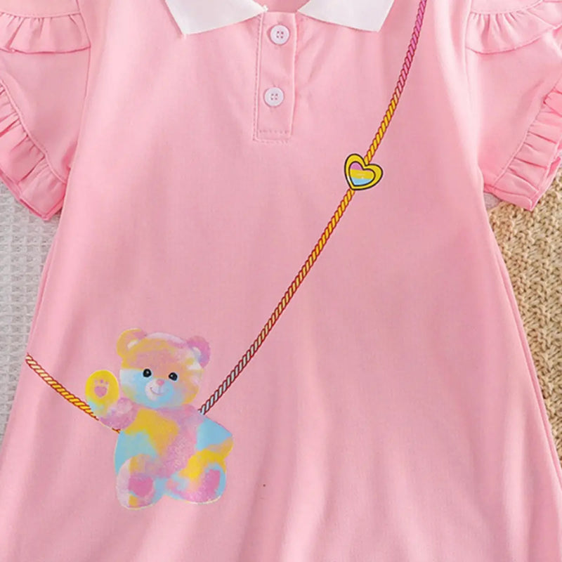 Girls Pink Graphics Short Sleeves T-Shirt Dress With Polo Collar Casual Dresses