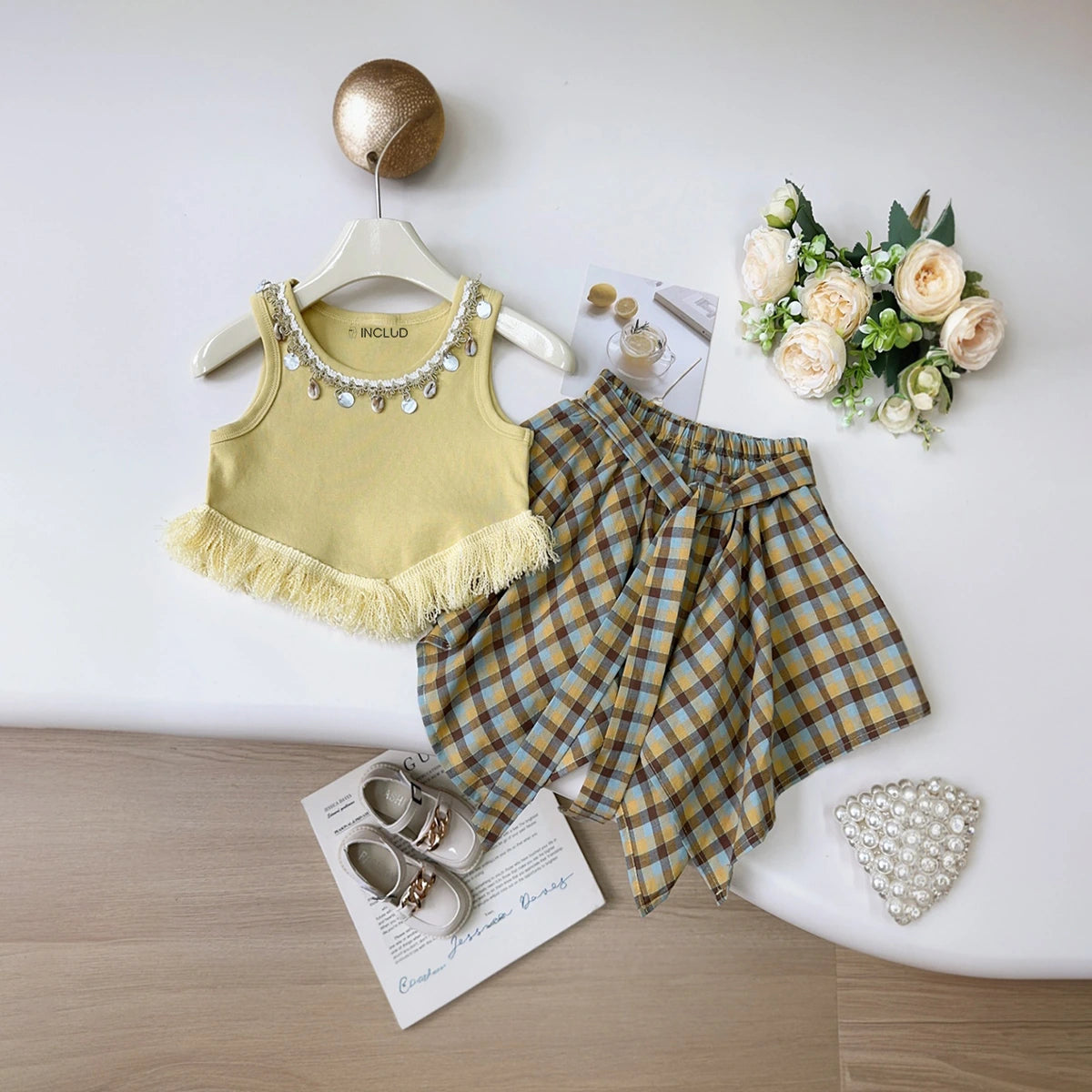 Girls Yellow Embellished Sleeveless Top With Checked Skirt Sets 2 pc. Sets Yellow 1-2 Y