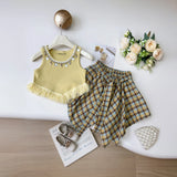 Girls Yellow Embellished Sleeveless Top With Checked Skirt Sets