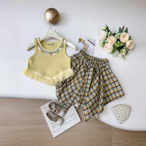 Girls Yellow Embellished Sleeveless Top With Checked Skirt Sets 2 pc. Sets Yellow 1-2 Y