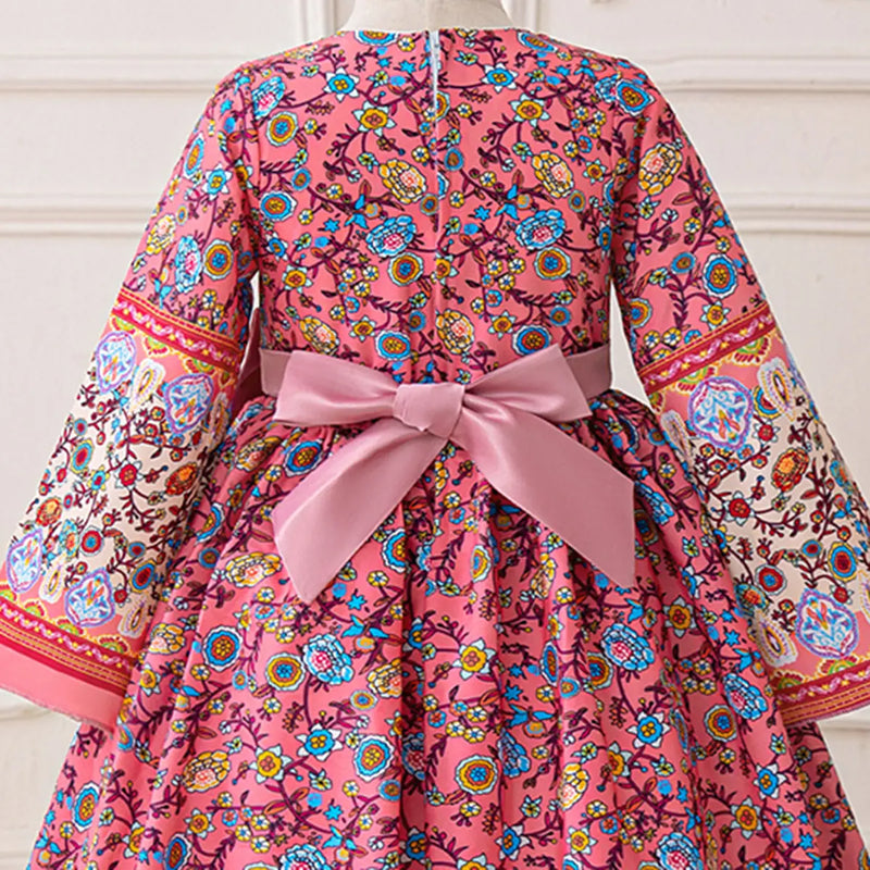 Girls Pink Floral Maxi Dress With Long Sleeves Casual Dresses