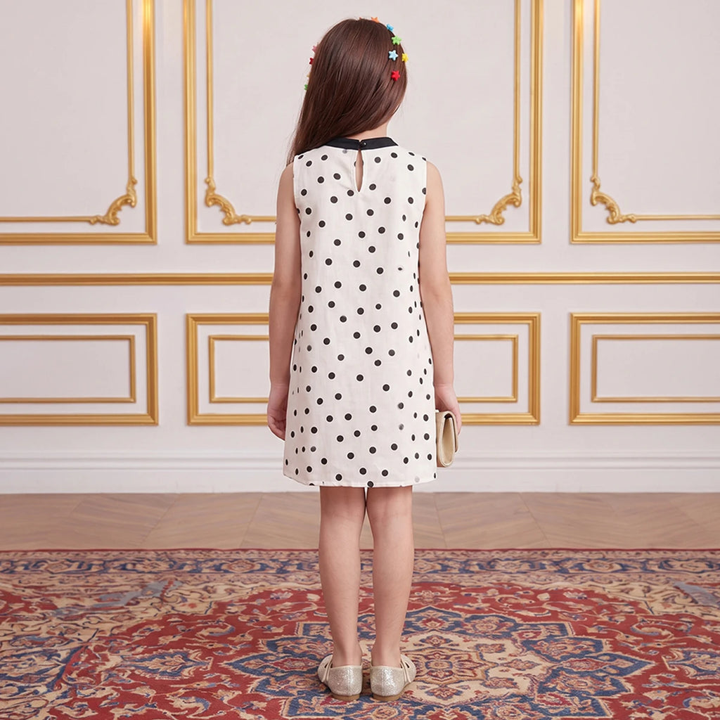 Girls Off White Polka Dot Print Sleeveless A-line Dress Casual Dresses