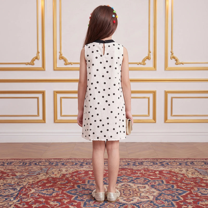 Girls Off White Polka Dot Print Sleeveless A-line Dress Casual Dresses