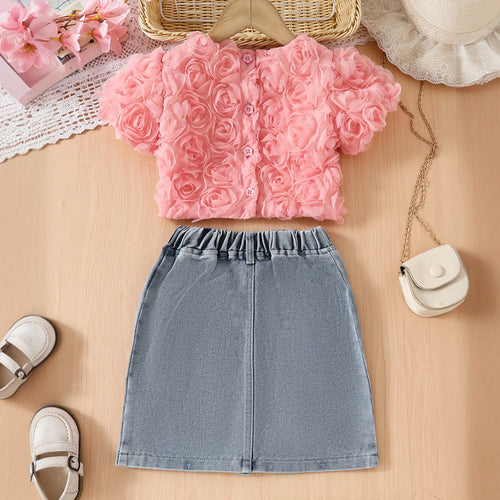 Girls Pink Rose Flower Appliqued Top With Denim Skirts Set Sets