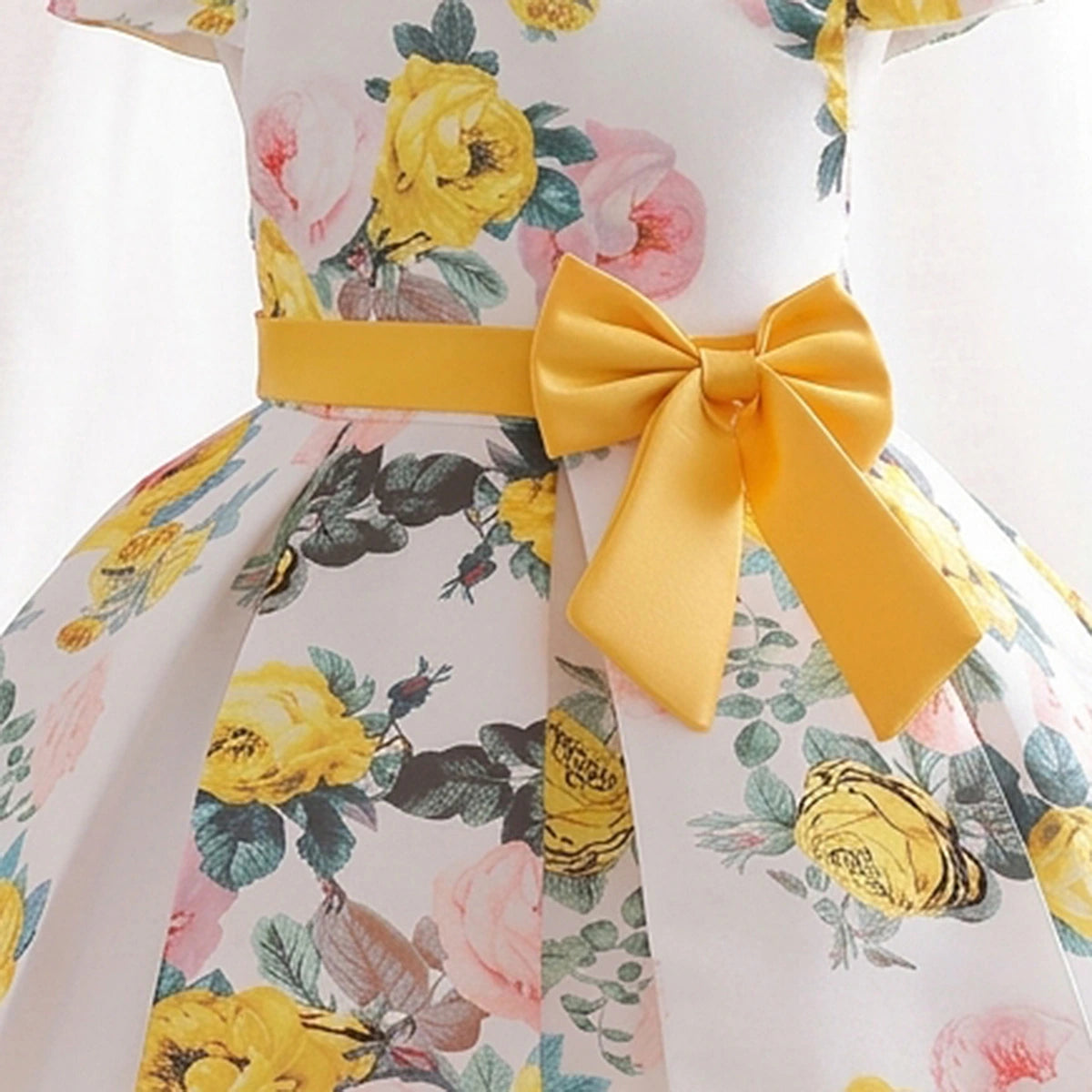 Girls Yellow Floral Printed Cap Sleeve Fit & Flare Party Wear Dress Party Dresses