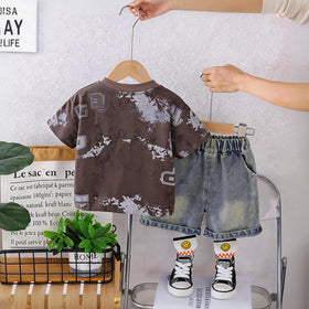 Boys Dark Brown Typographic Print T-Shirt With Denim Shorts Set Sets