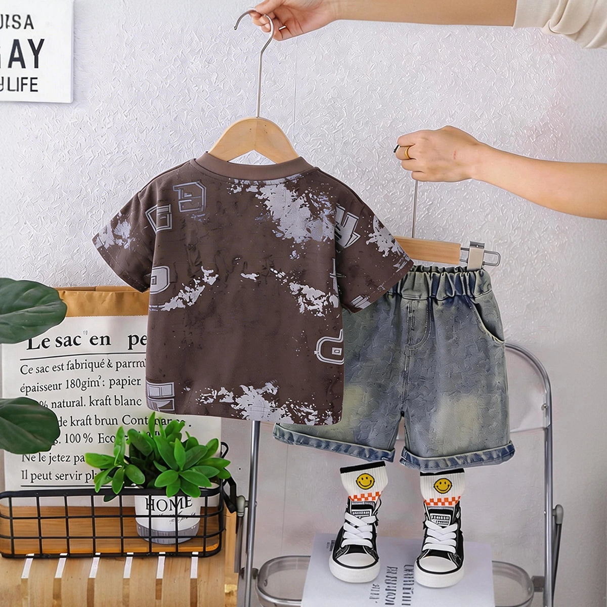 Boys Dark Brown Typographic Print T-Shirt With Denim Shorts Set Sets