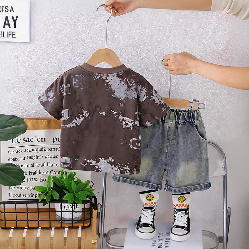 Boys Dark Brown Typographic Print T-Shirt With Denim Shorts Set Sets