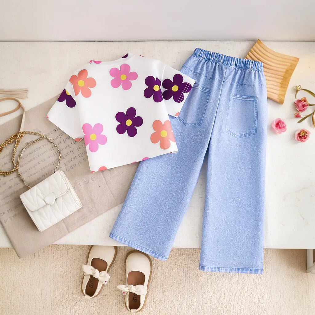 Girls Off White Floral Top With Fake Denim Print Pant Sets Sets