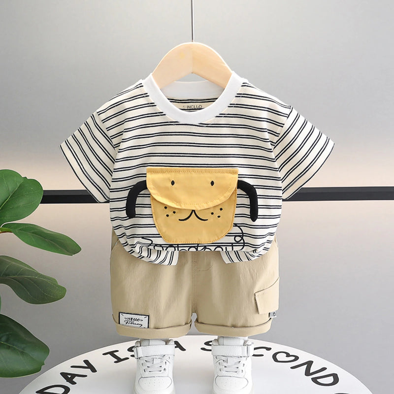 Boys Black Striped Dog Applique Short Sleeve T-Shirt With Shorts Sets 2 pc. Sets Black 1-2 Y