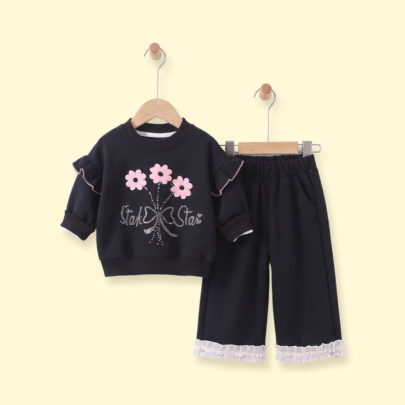 Girls Black Embellished Sweatshirt & Pants Sets Sets Black 1-2 Y