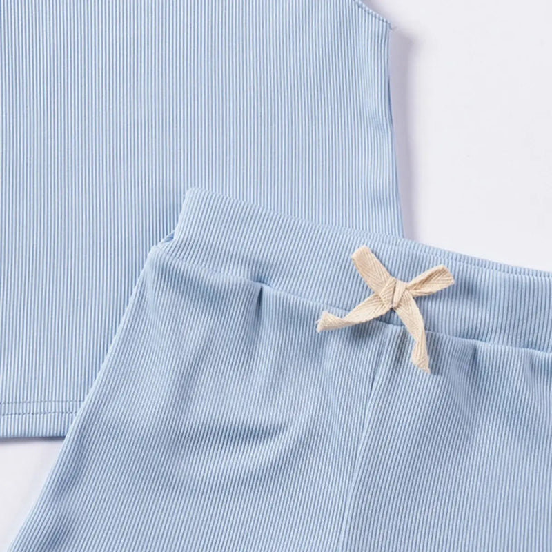 Girls Sky Blue Solid Ribbed Top With Shorts Co-ord Sets Sets