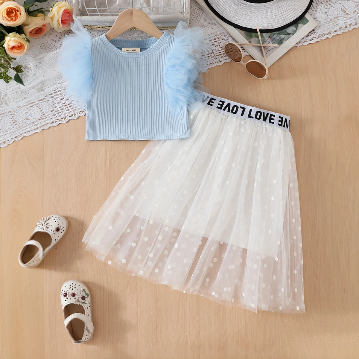 Girls Sky Blue Crop Top With Polka Dot Printed Tulle Overlay Skirts Set Sets Sky Blue 3-4 Y