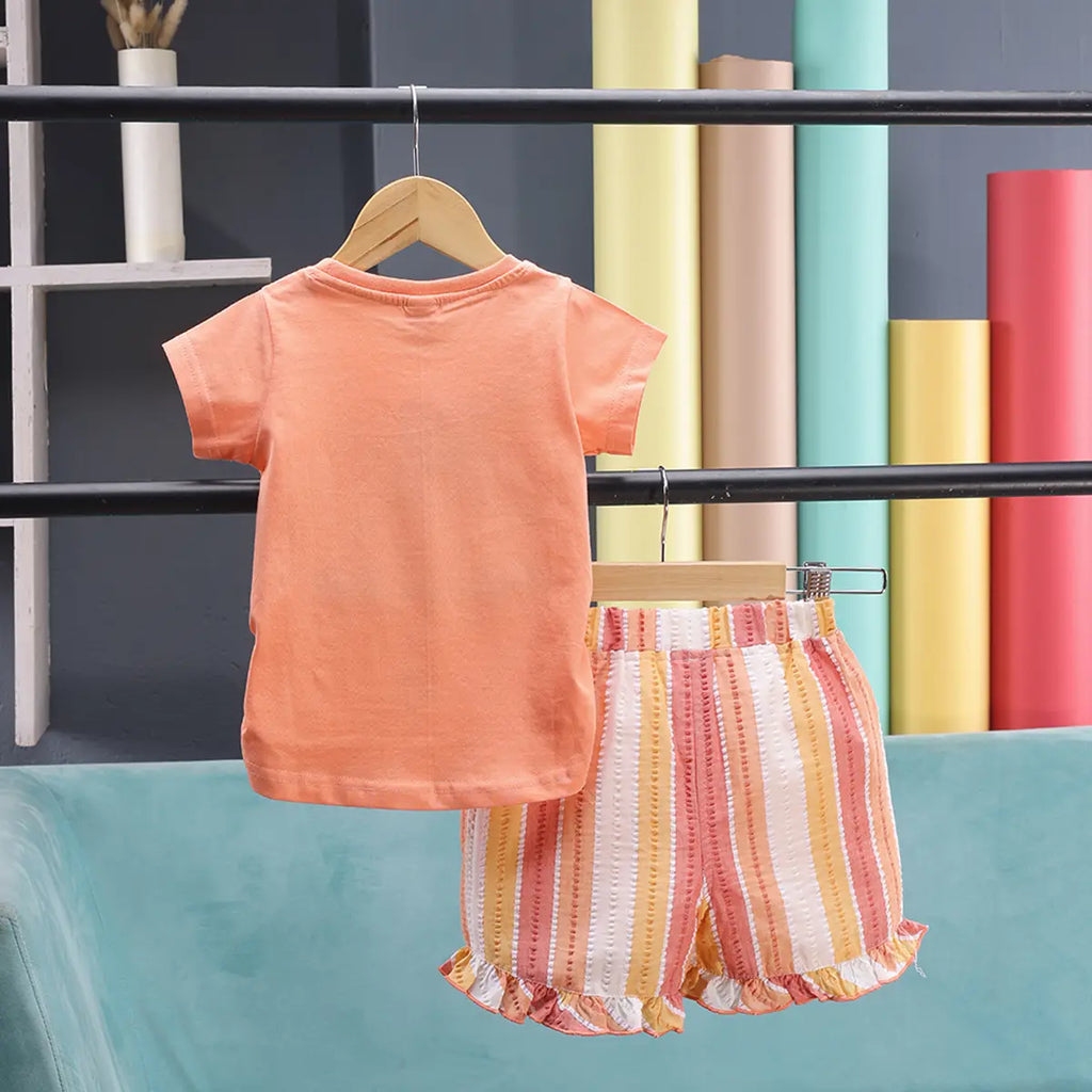 Girls Orange Floral Print Short Sleeve T-Shirt With Striped Shorts Sets 2 pc. Sets