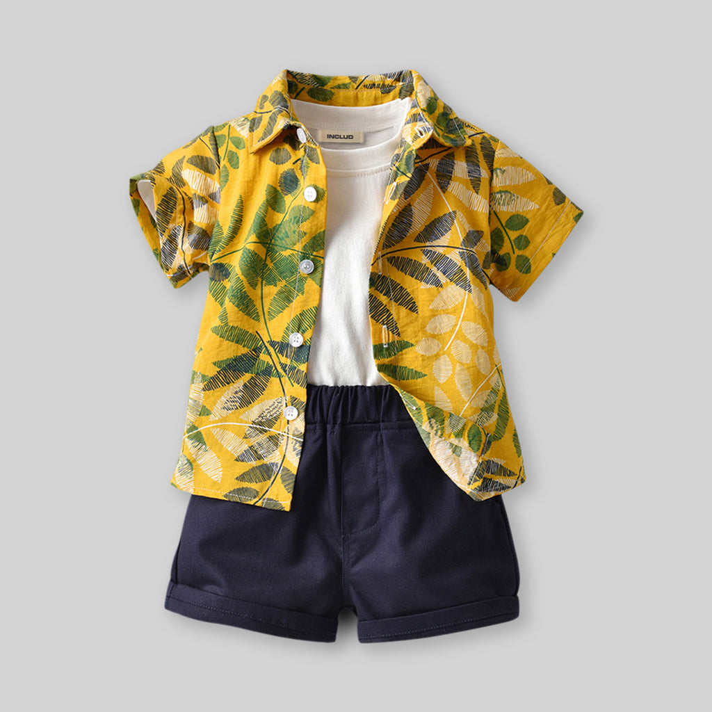 Boys Tropical Printed Shirt with T-shirt & Shorts Set