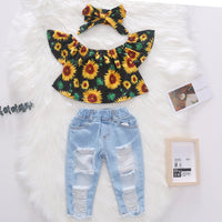 Girls Off Shoulder Floral Print Top With Denim Pants Set Sets Yellow 1-2 Y 