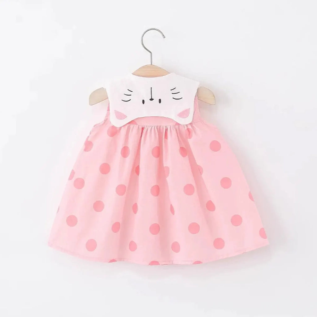 Girls Pink Polka Dot Print A-line Dress With Straw Sling Bag Casual Dresses