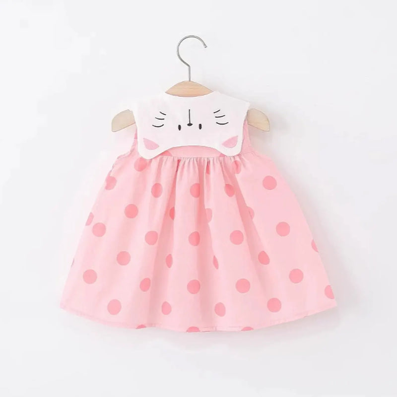 Girls Pink Polka Dot Print A-line Dress With Straw Sling Bag Casual Dresses