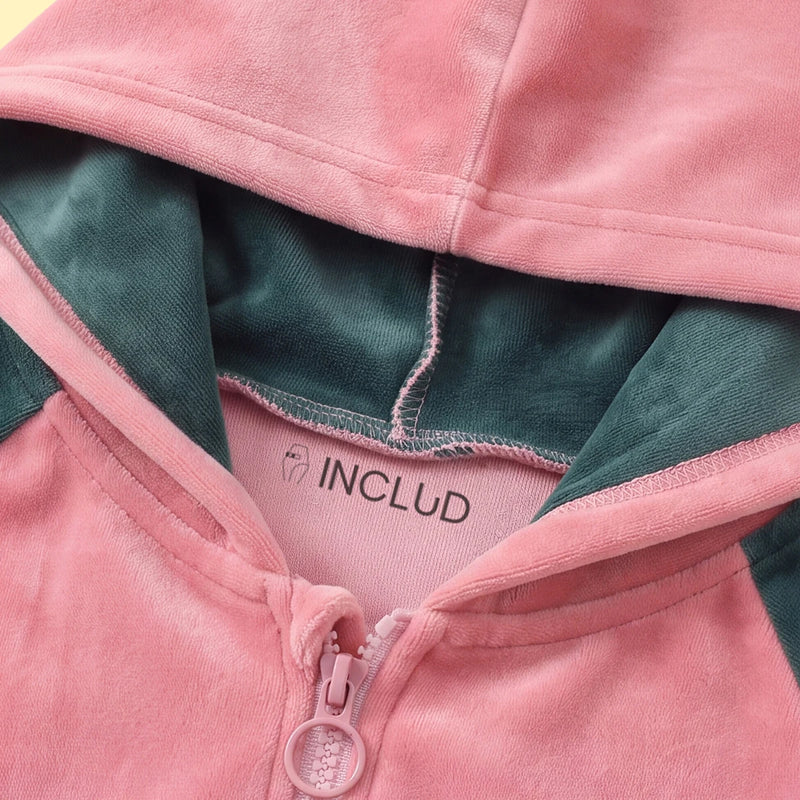 Girls Pink Typographic Printed Hooded Zipper Jacket With Jogger Sets Sets