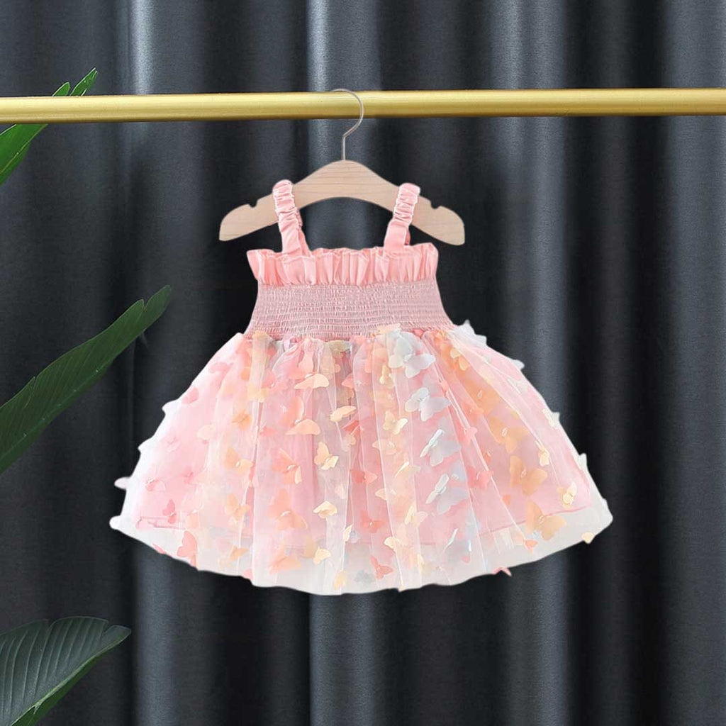 Girls Butterfly Cutwork Tulle Overlay Casual Dress Casual Dresses Pink 1-2 Y 