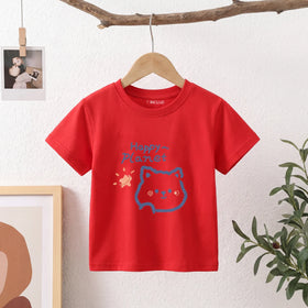 Girls Red Happy Planet Typography Print Short Sleeve T-Shirt Tshirts Red 1-2 Y