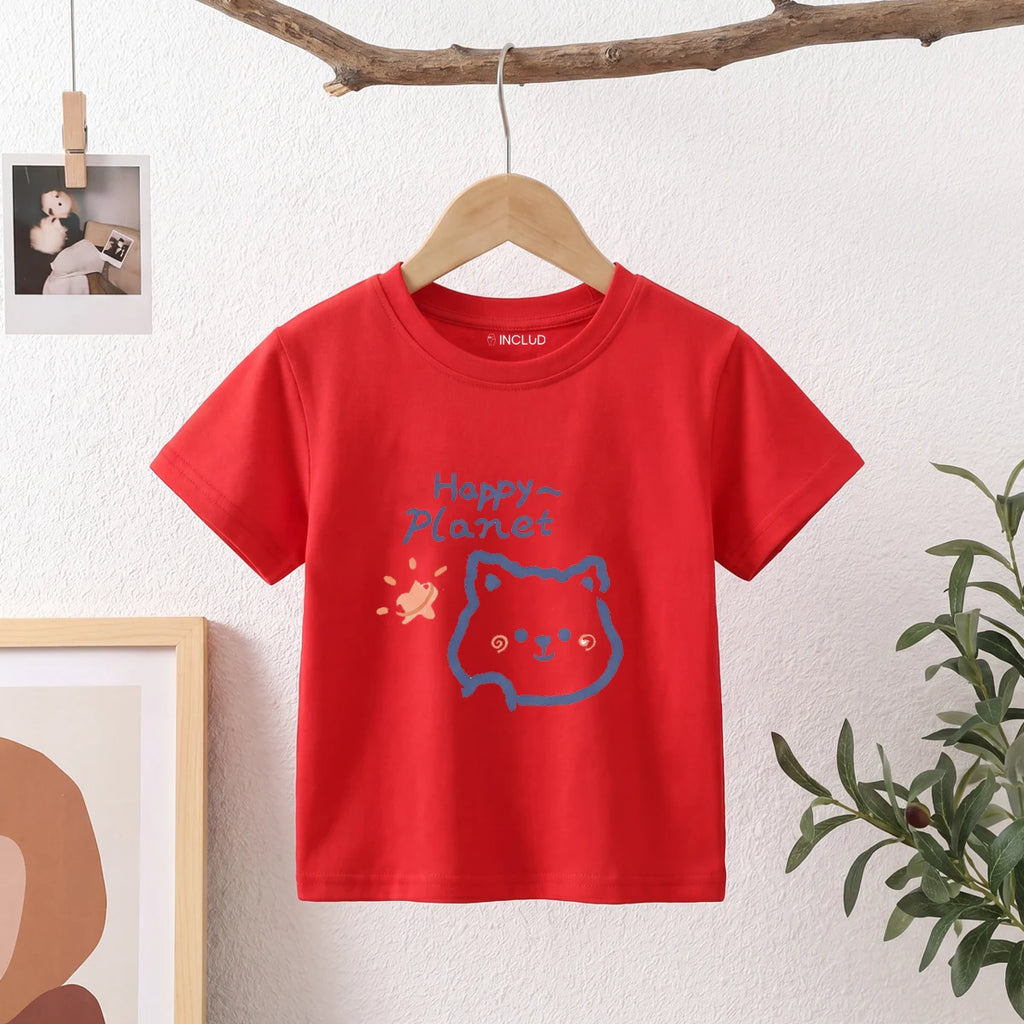 Girls Red Happy Planet Typography Print Short Sleeve T-Shirt Tshirts Red 1-2 Y