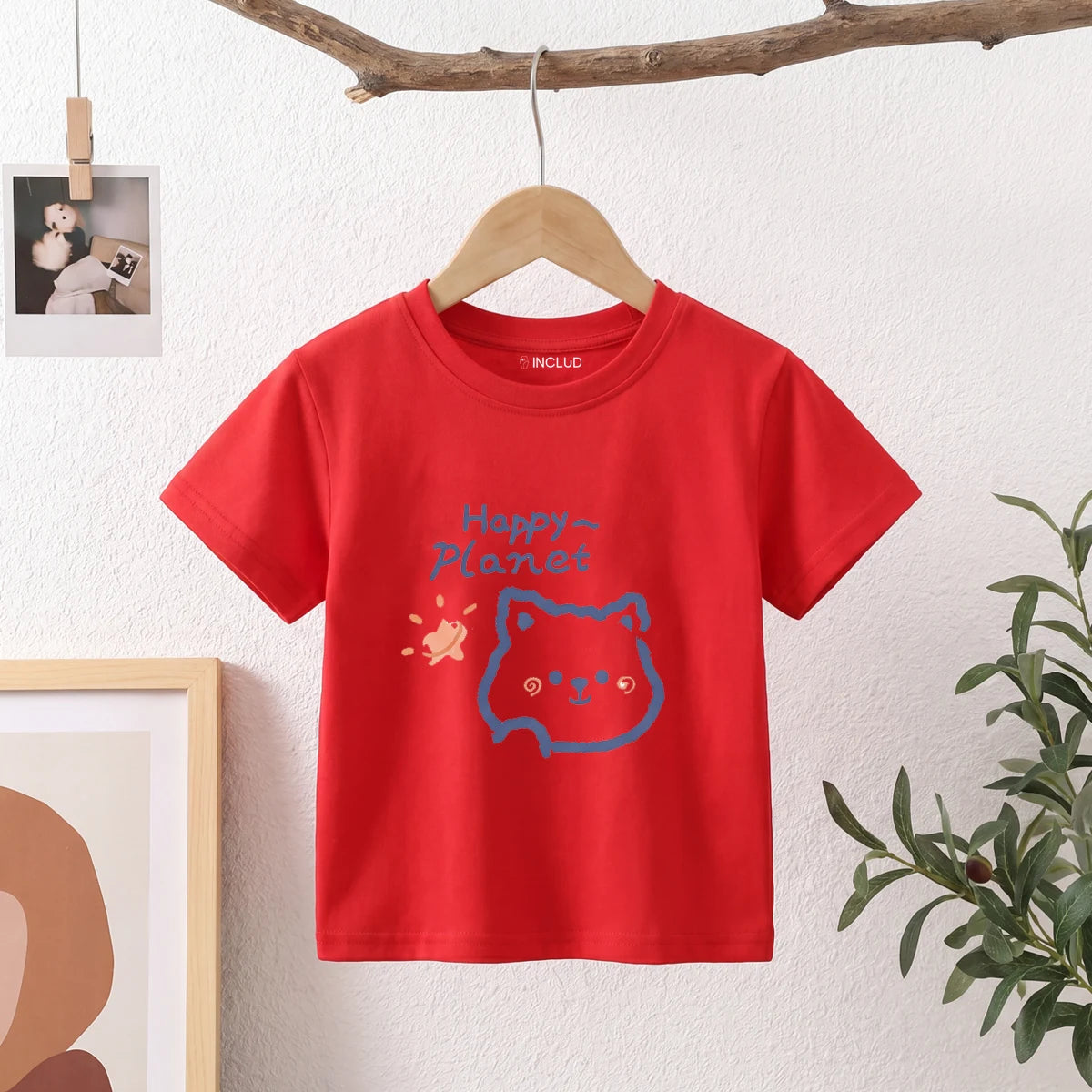 Girls Red Happy Planet Typography Print Short Sleeve T-Shirt Tshirts Red 1-2 Y