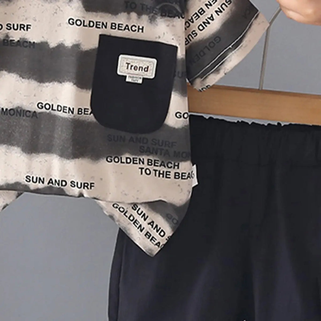 Boys Grey Typographic Printed Round Neck T-Shirt with Shorts Sets Sets