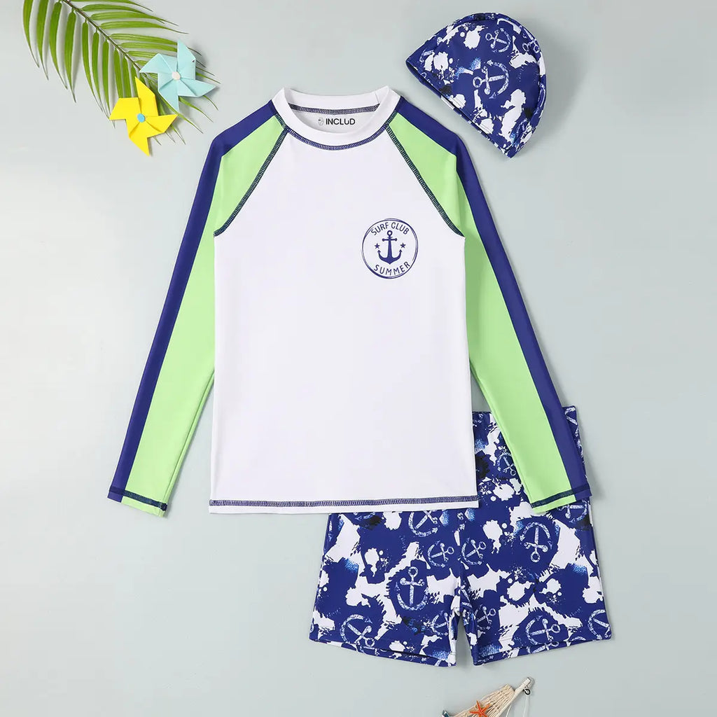 Boys White Long Sleeves T-Shirt With Printed Shorts Swimwear Sets Beachwear White 7-8 Y