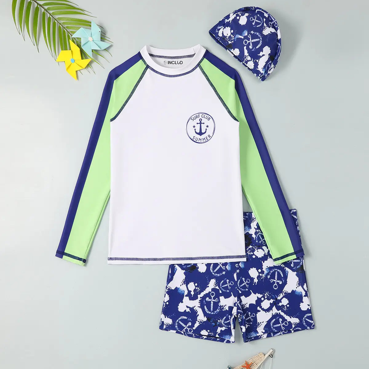 Boys White Long Sleeves T-Shirt With Printed Shorts Swimwear Sets Beachwear White 7-8 Y
