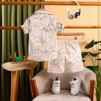Boys Grey Animal Printed Short Sleeve Shirt With Printed T-Shirt and Shorts Sets Sets