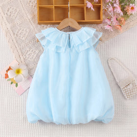 Girls Light Blue Sleeveless Bow Applique Balloon Dress Casual Dresses